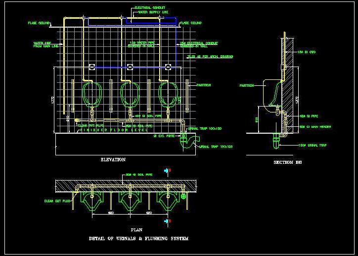 3-Station Urinal System CAD- Flushing & Water Supply Details